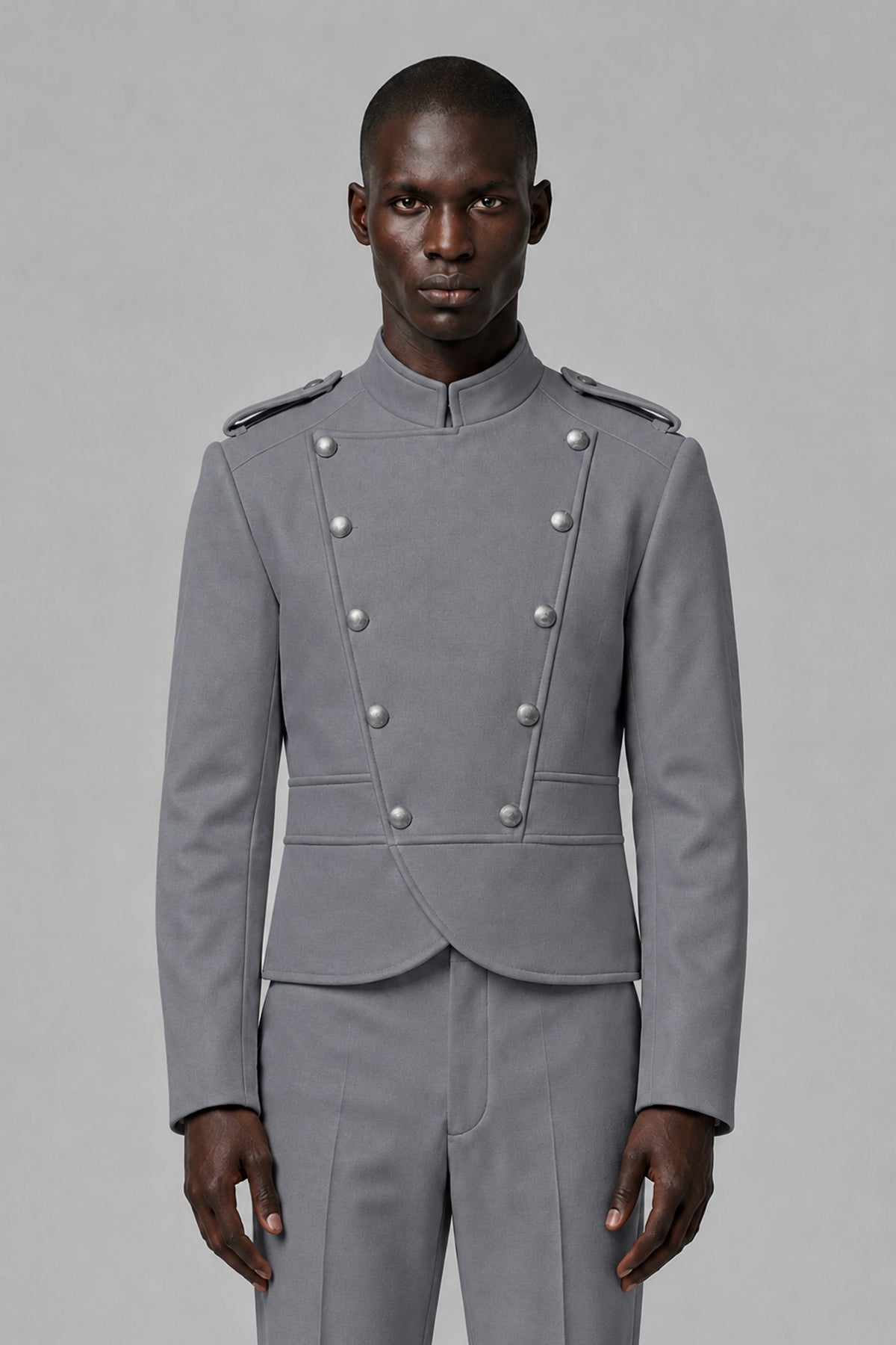 Bolodoo Men's Gray Military-Inspired Two-Piece Suit with Stand Collar - Gray - Gray_1