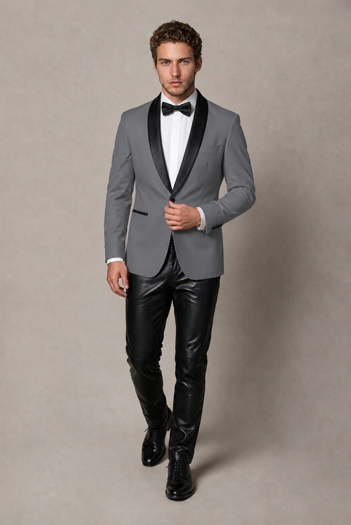 BOLODOO Men's Gray Tuxedo Blazer | Black Shawl Lapel Single-Breasted Formal Jacket - Gray