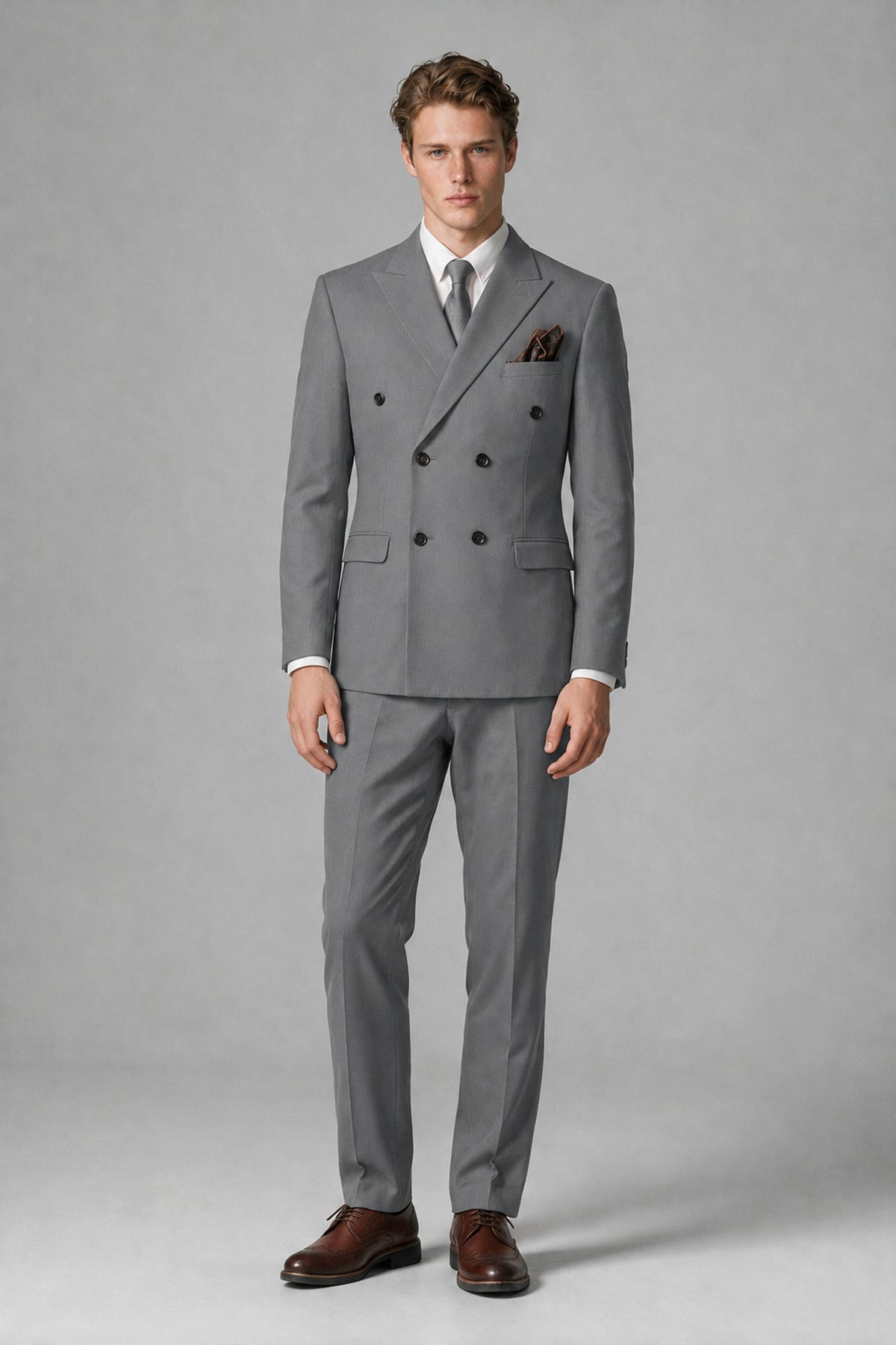 Bolodoo Men's Gray Double-Breasted Two-Piece Suit with Peak Lapels - Gray - Gray_2