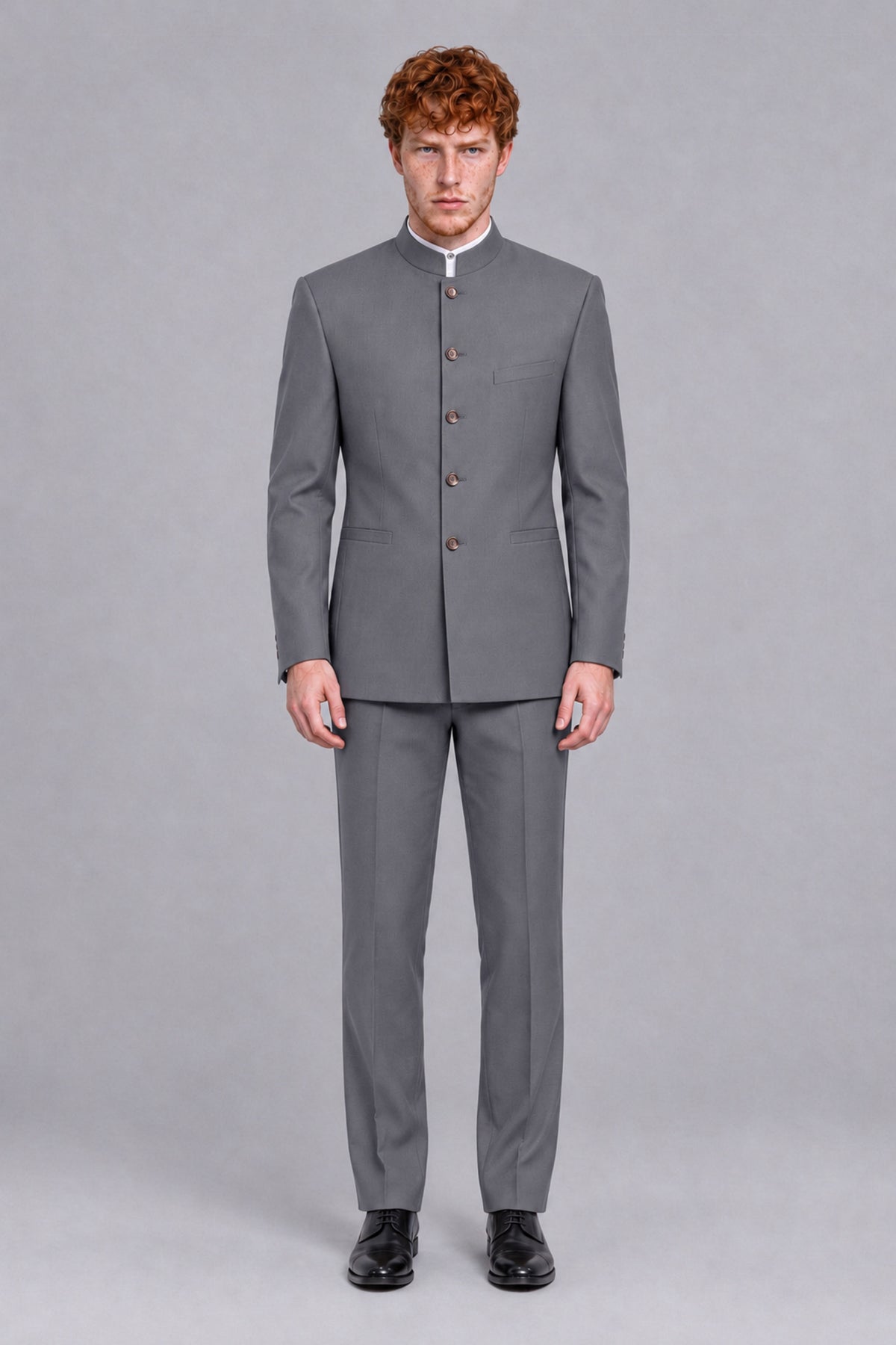 BOLODOO Men's Gray Mandarin Collar Two-Piece Suit - Gray - Gray_2