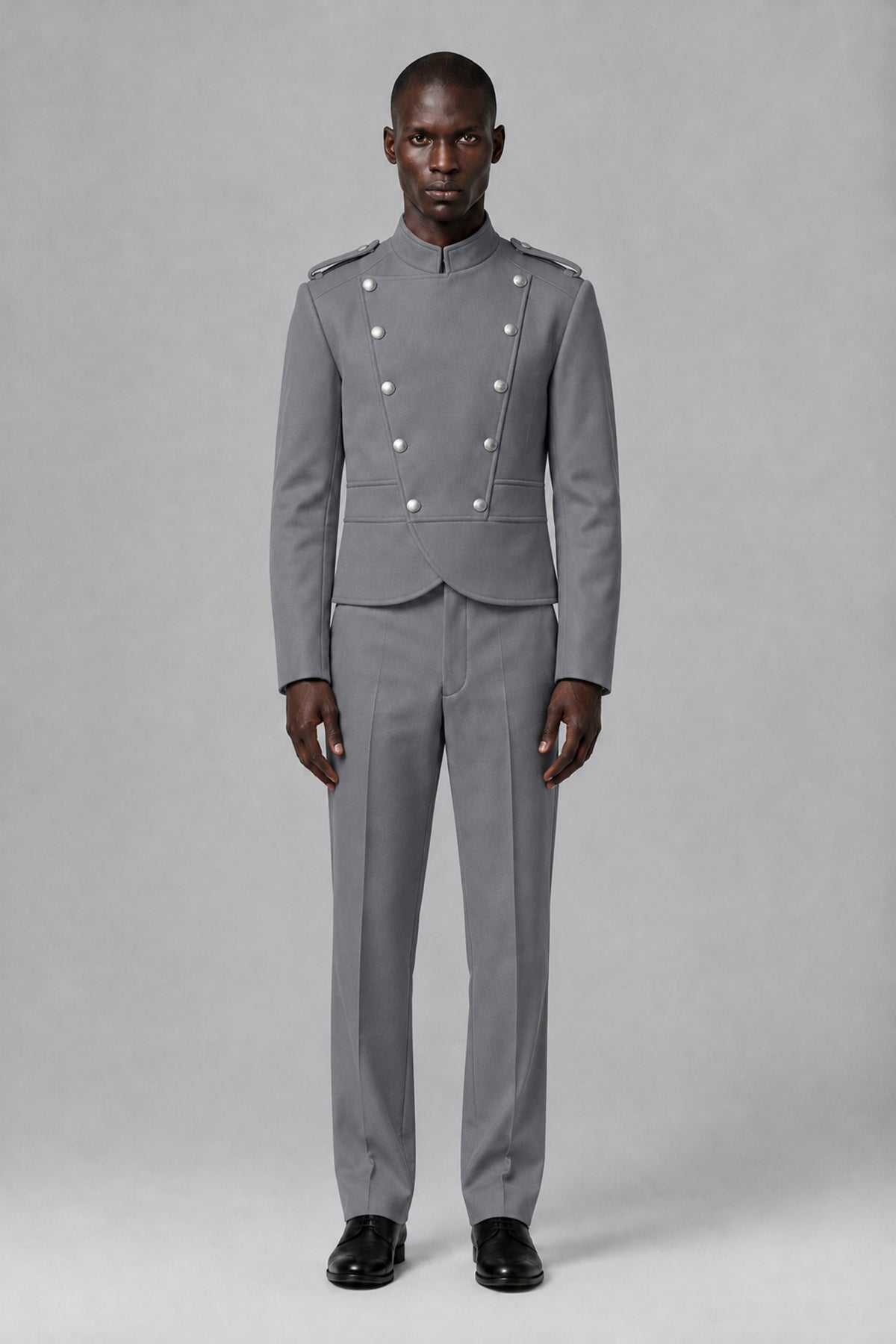 Bolodoo Men's Gray Military-Inspired Two-Piece Suit with Stand Collar - Gray - Gray_2