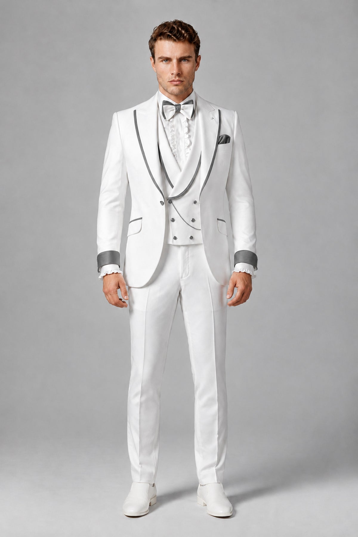 Bolodoo Men's White and Gray Three-Piece Wedding Tuxedo Suit - Gray - Gray_2