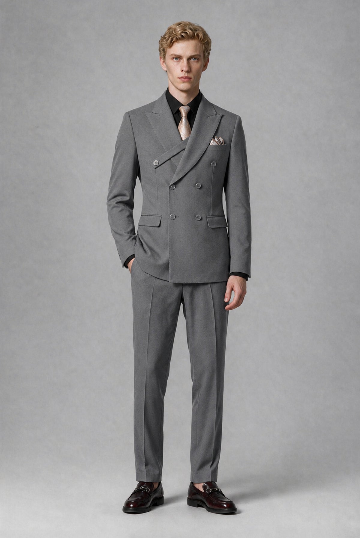 BOLODOO Men's Gray Double-Breasted Two-Piece Suit – Jacket & Trousers - Gray