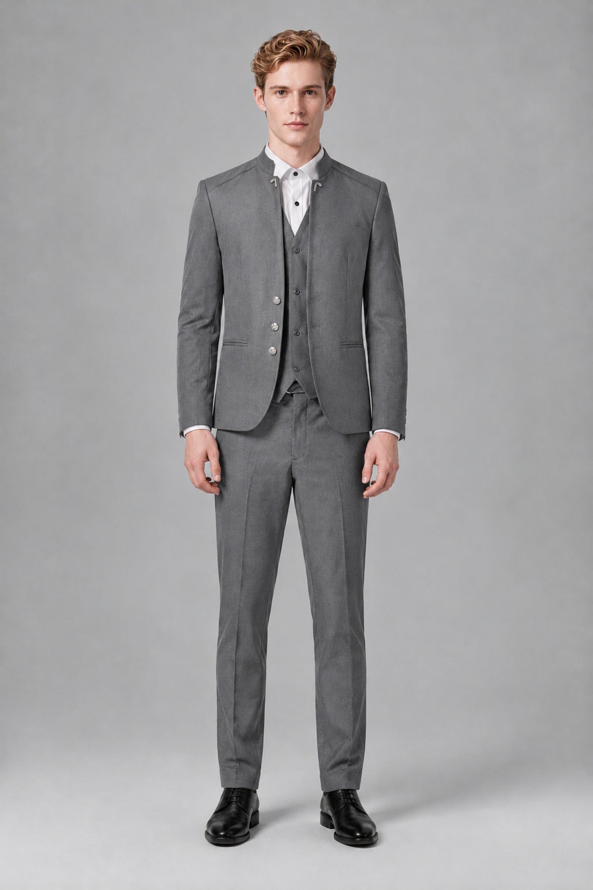 Bolodoo Men's Gray Mandarin Collar 3-Piece Suit – Jacket, Vest & Trousers - Gray - Gray_2