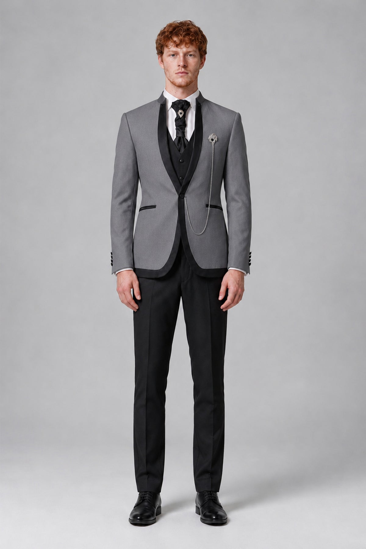 Bolodoo Men's Gray 3-Piece Shawl Lapel Tuxedo Suit with Vest - Gray - Gray_2