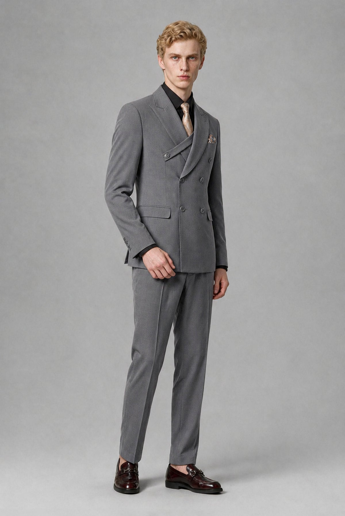 BOLODOO Men's Gray Double-Breasted Two-Piece Suit – Jacket & Trousers - Gray