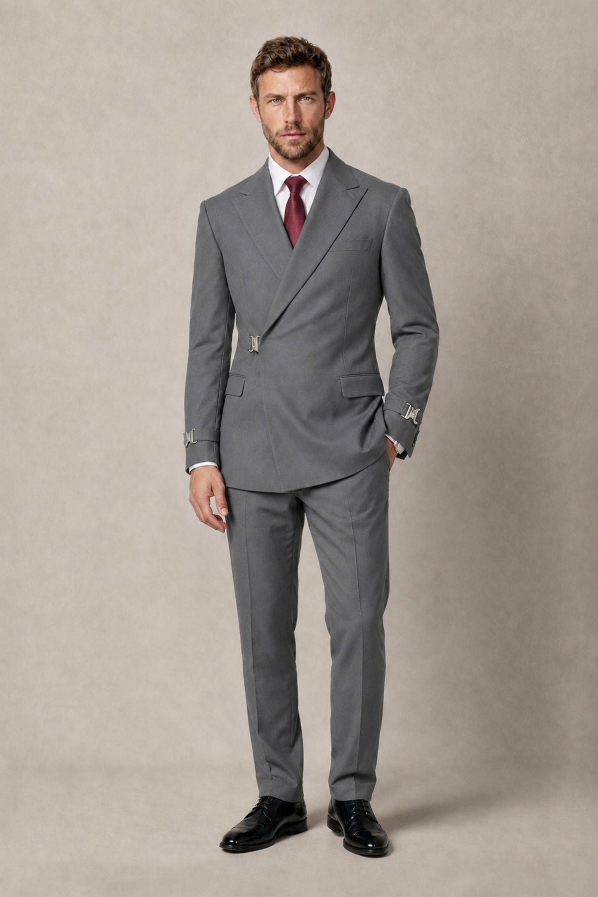 BOLODOO Men's Gray Double-Breasted 2-Piece Suit Set – Blazer & Tailored Trousers - Gray