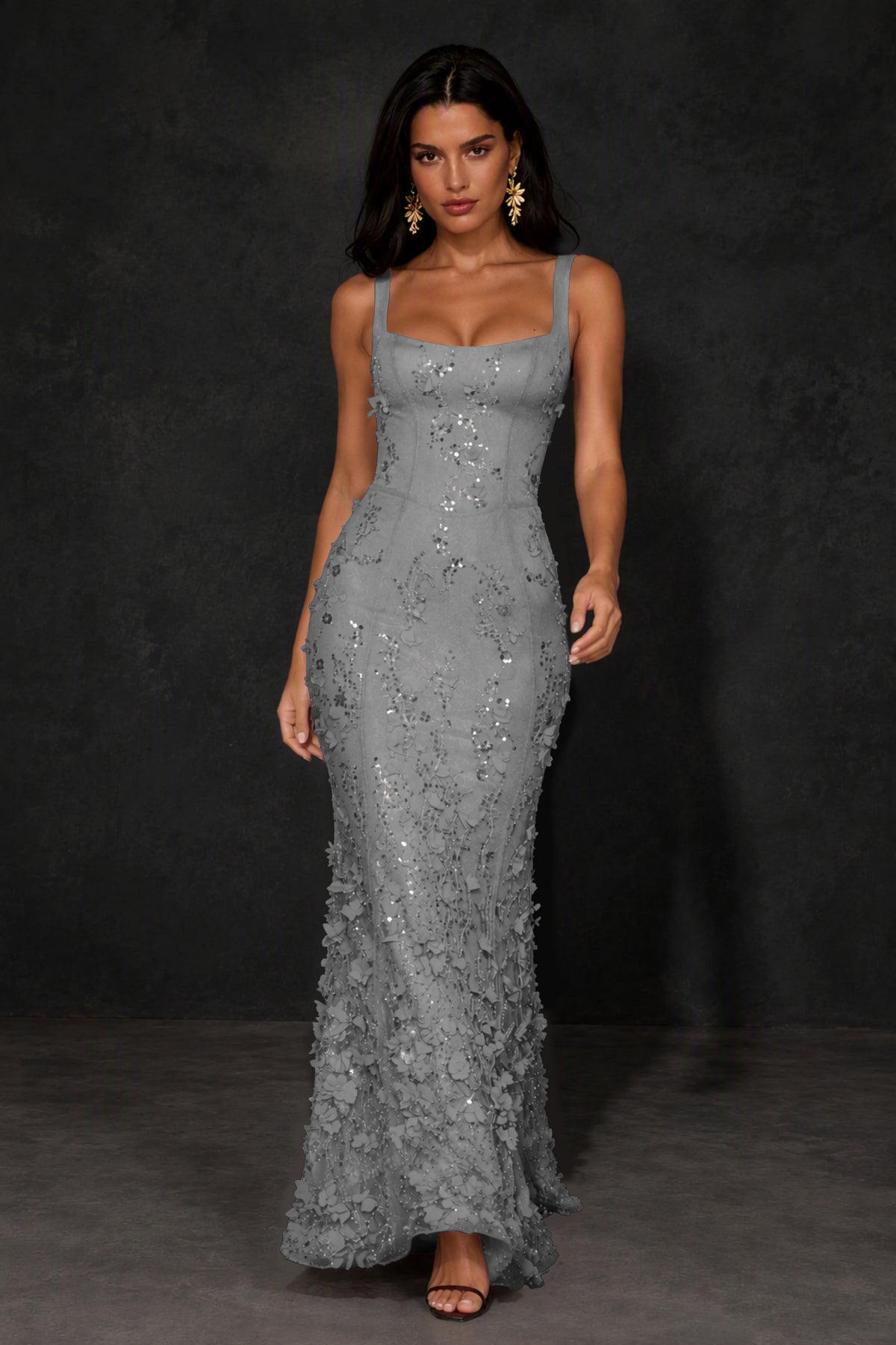BOLODOO Gray Sequin 3D Floral Mermaid Maxi Gown – Lace-Up Back Formal Dress - Gray