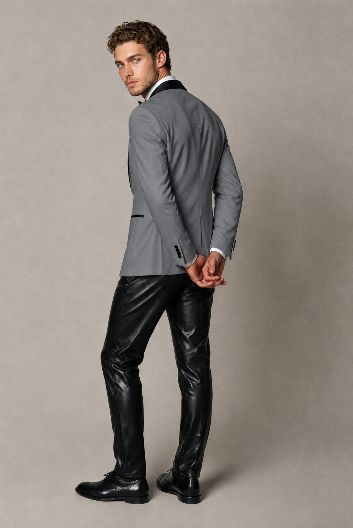 BOLODOO Men's Gray Tuxedo Blazer | Black Shawl Lapel Single-Breasted Formal Jacket - Gray
