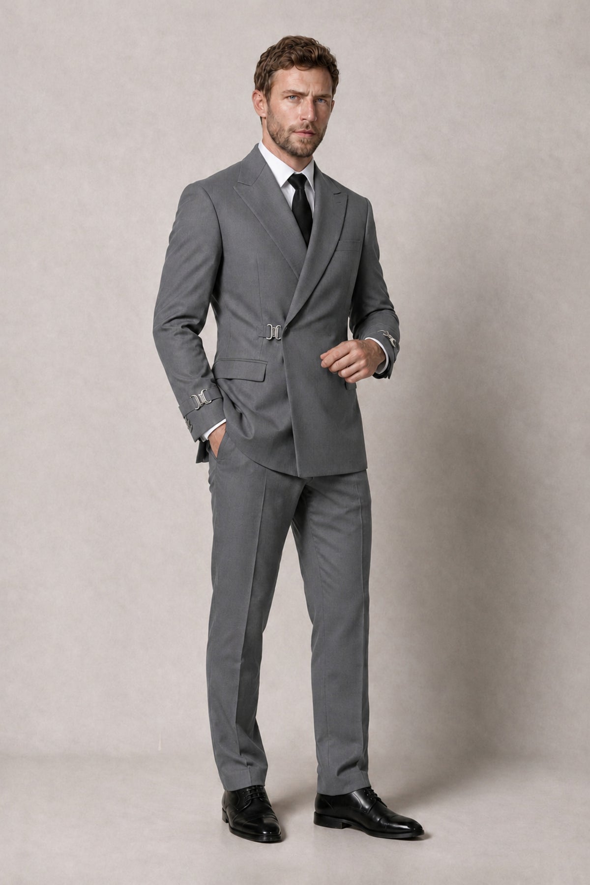 BOLODOO Men's Gray Double-Breasted 2-Piece Suit Set – Blazer & Tailored Trousers - Gray