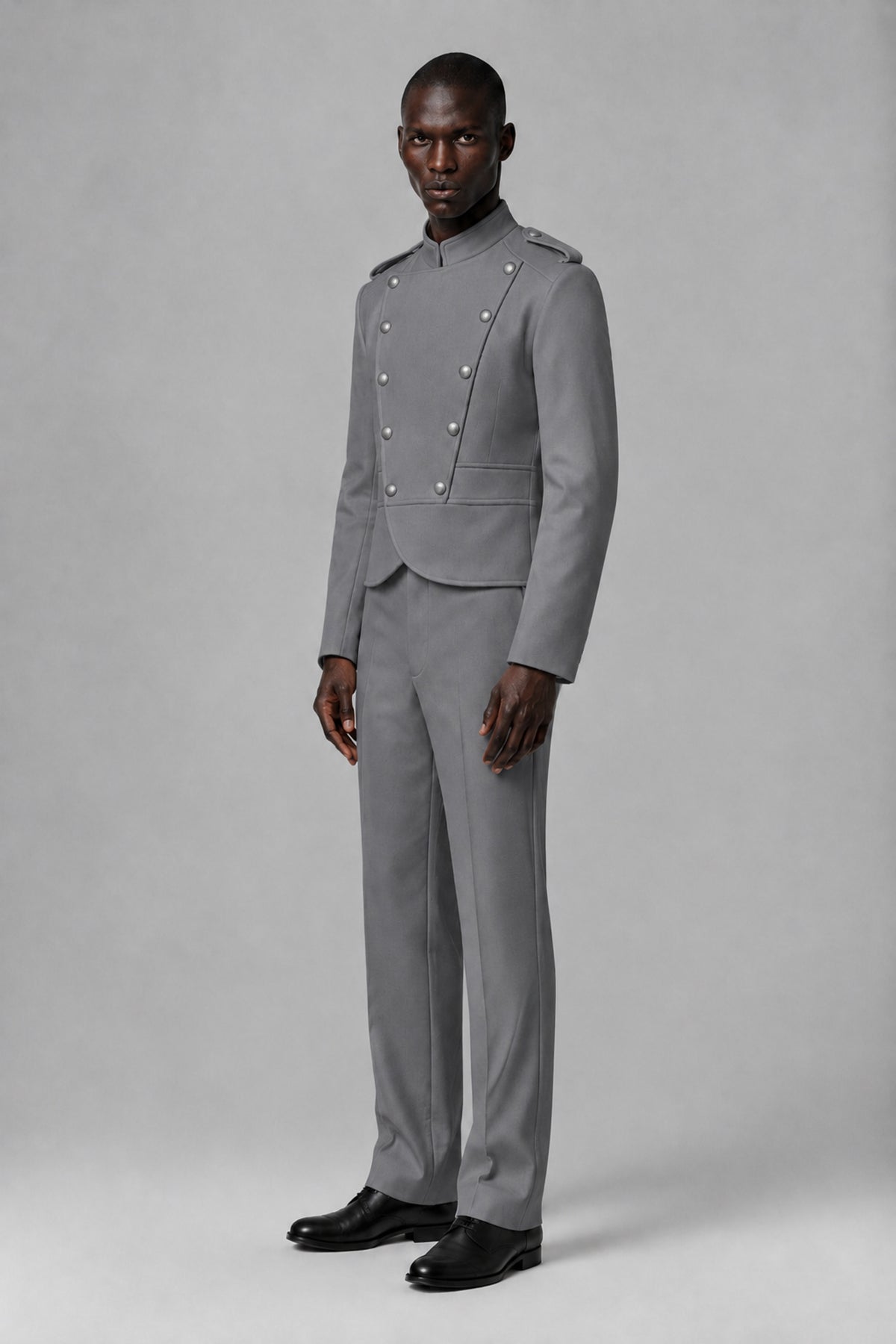 Bolodoo Men's Gray Military-Inspired Two-Piece Suit with Stand Collar - Gray - Gray_4
