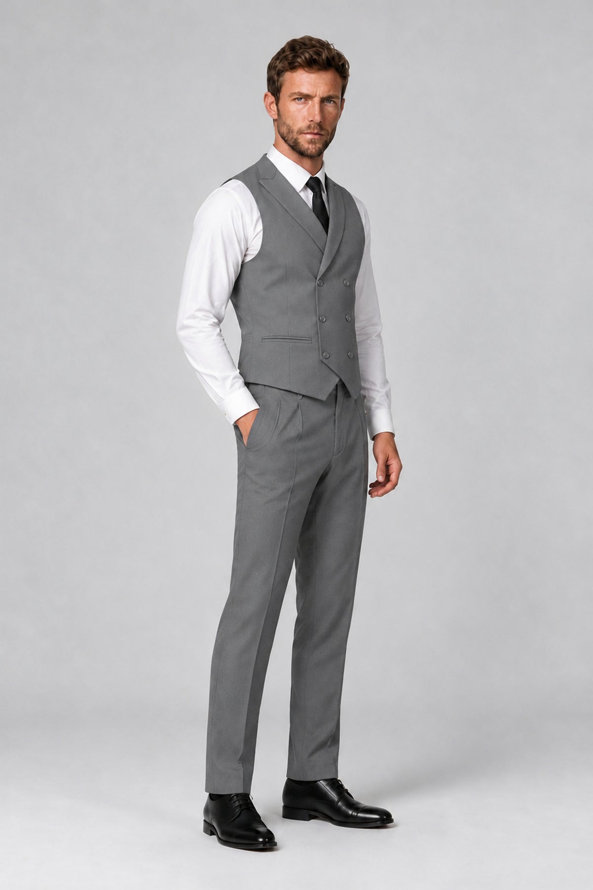 Bolodoo Men's Gray Double-Breasted Vest and Pants 2-Piece Suit - Gray - Gray_4