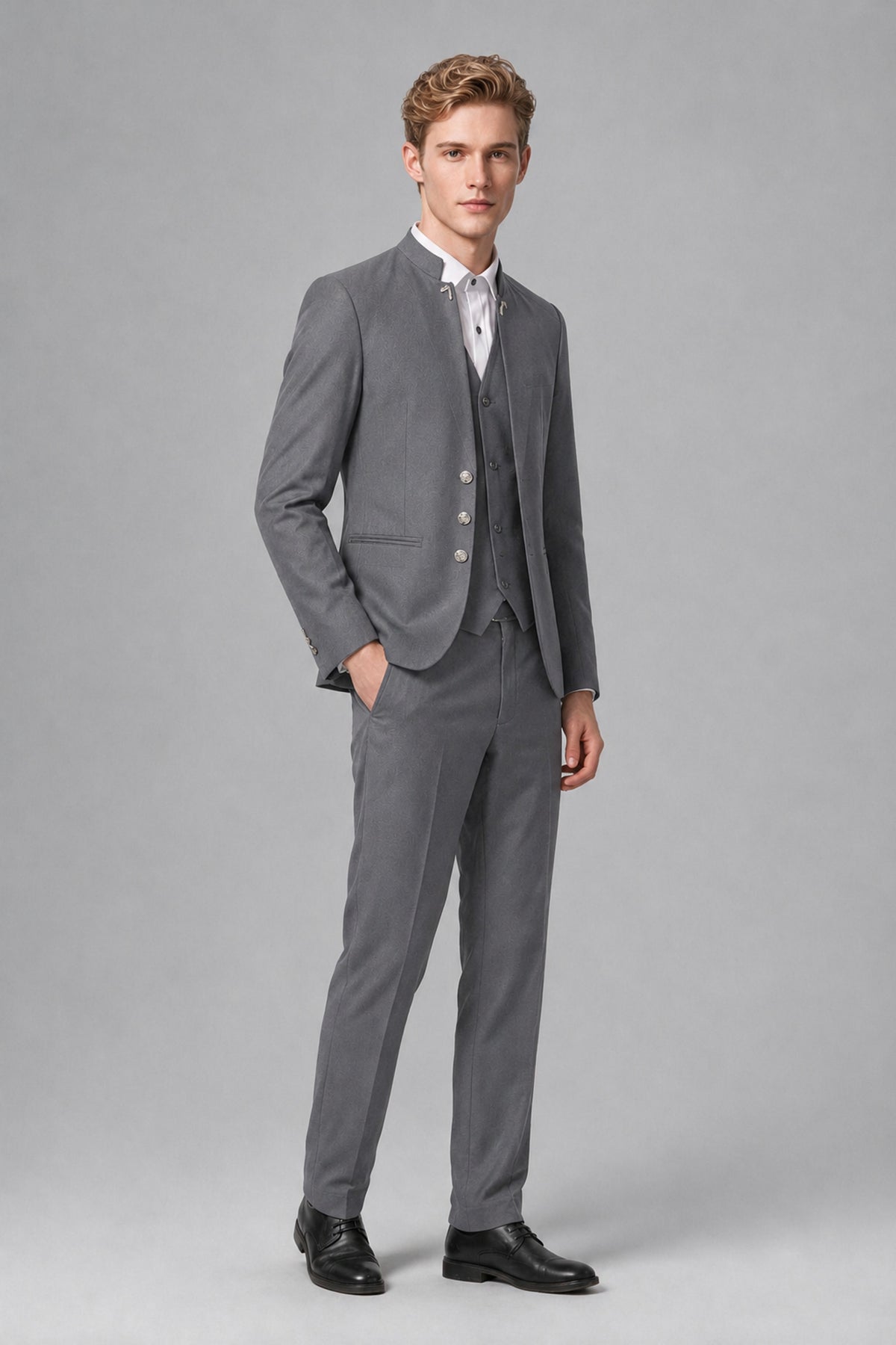 Bolodoo Men's Gray Mandarin Collar 3-Piece Suit – Jacket, Vest & Trousers - Gray - Gray_4