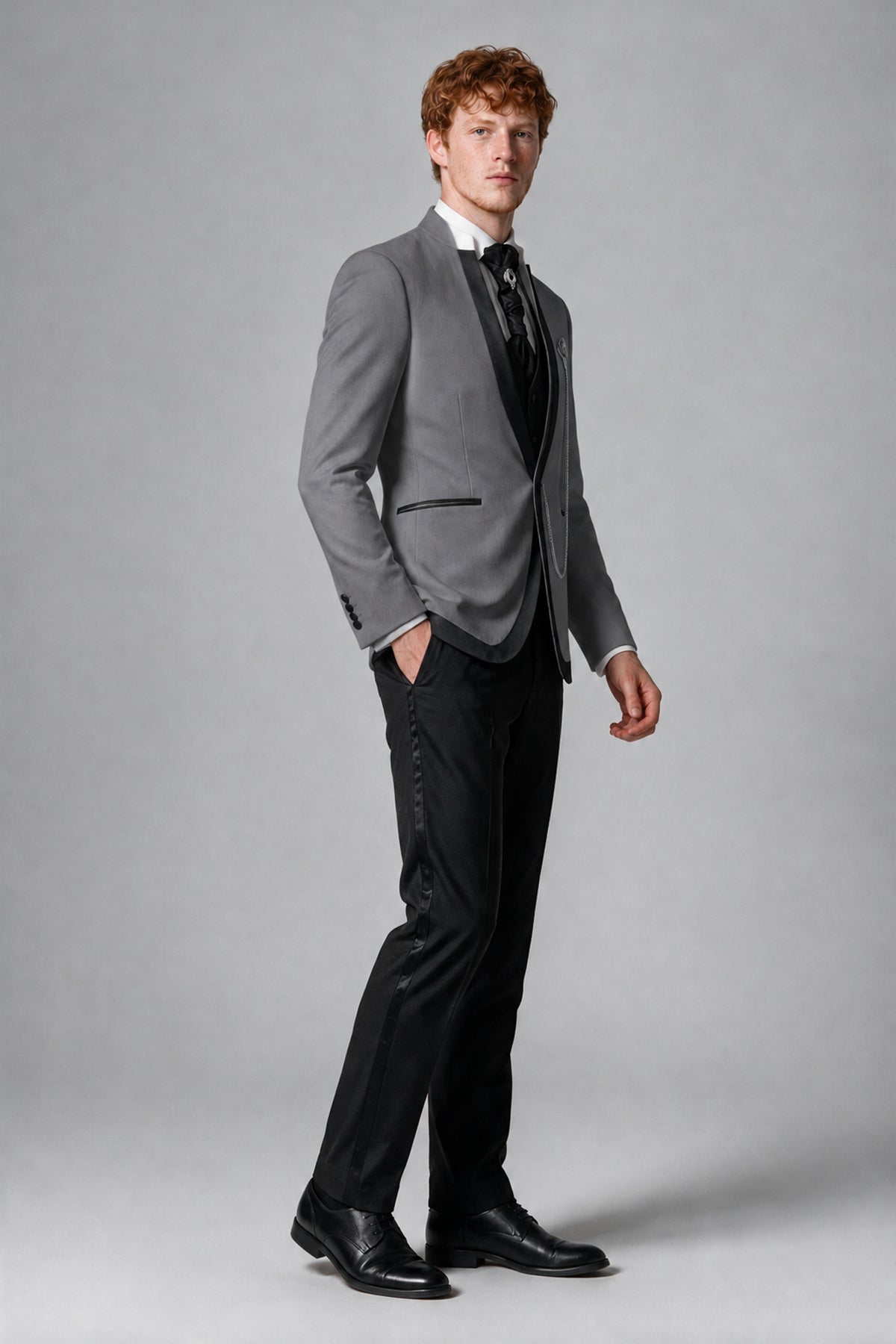 Bolodoo Men's Gray 3-Piece Shawl Lapel Tuxedo Suit with Vest - Gray - Gray_4