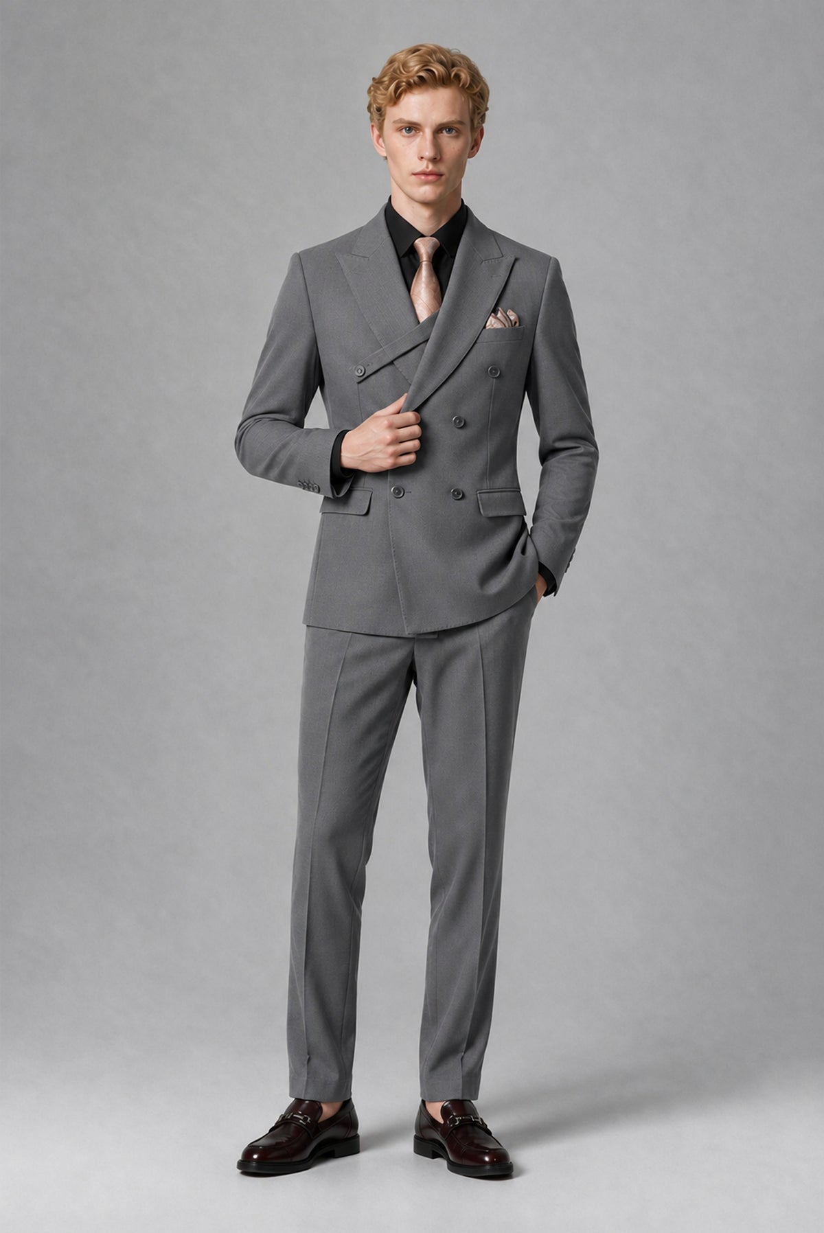 BOLODOO Men's Gray Double-Breasted Two-Piece Suit – Jacket & Trousers - Gray