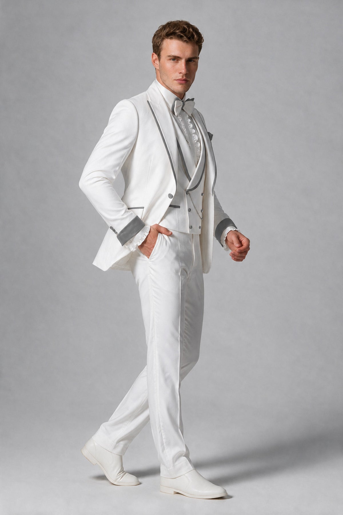 Bolodoo Men's White and Gray Three-Piece Wedding Tuxedo Suit - Gray - Gray_4