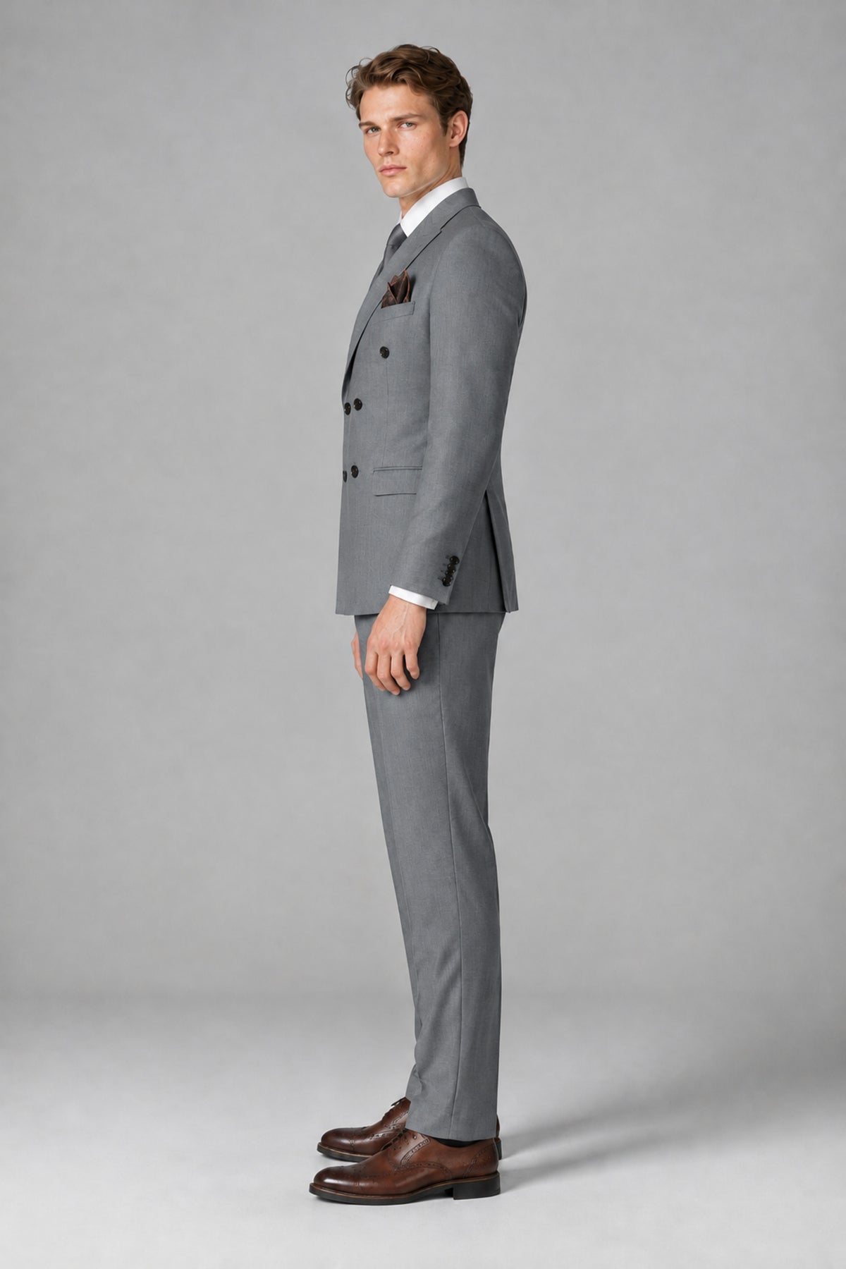 Bolodoo Men's Gray Double-Breasted Two-Piece Suit with Peak Lapels - Gray - Gray_4