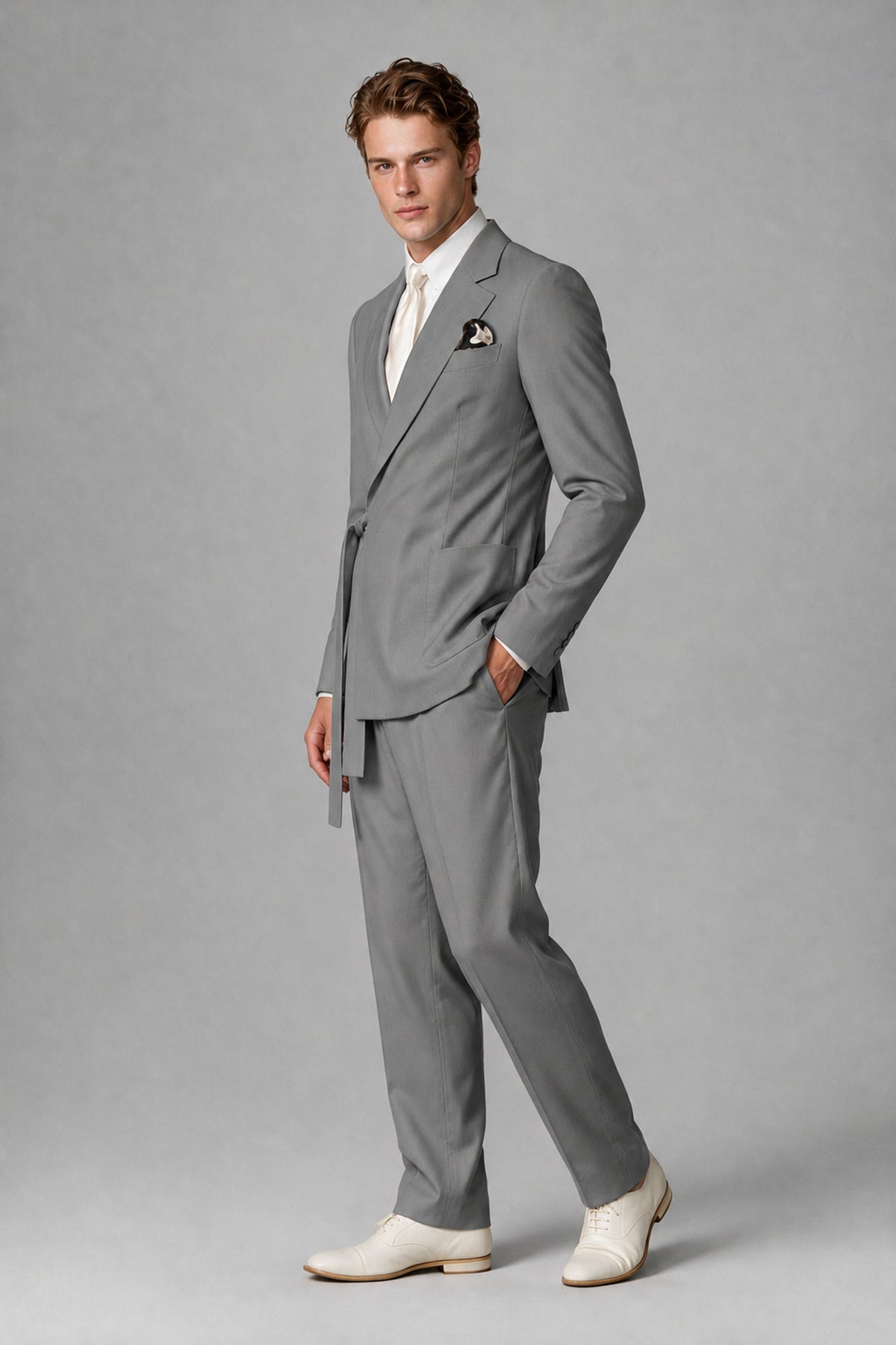 Bolodoo Men's Gray Wrap Tie-Waist Two-Piece Suit – Jacket & Trousers - Gray - Gray_4