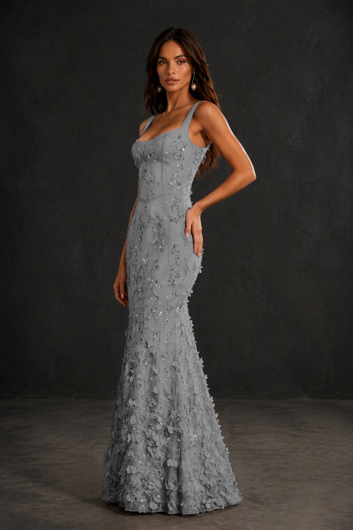 BOLODOO Gray Sequin 3D Floral Mermaid Maxi Gown – Lace-Up Back Formal Dress - Gray
