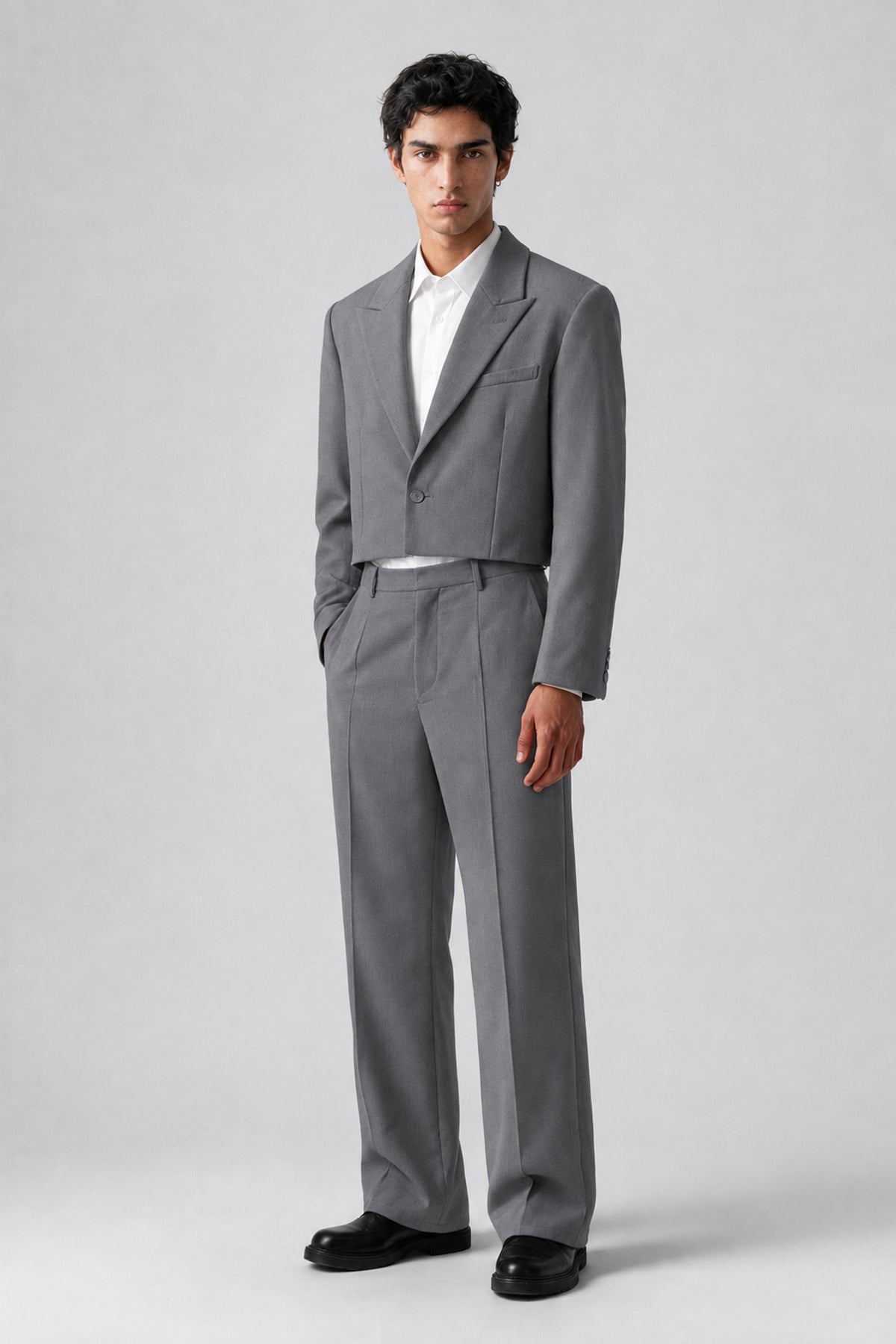 Bolodoo Men's Gray Cropped Blazer & Wide-Leg Trousers 2-Piece Suit - Gray - Gray (3)