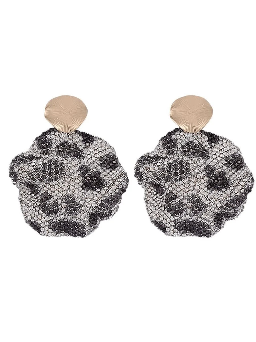 Gray Leopard Print Rhinestones Round Earrings