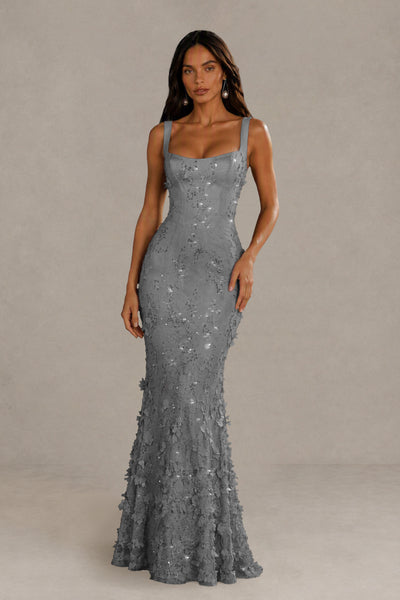 BOLODOO Gray Sequin 3D Floral Mermaid Maxi Gown – Lace-Up Back Formal Dress 