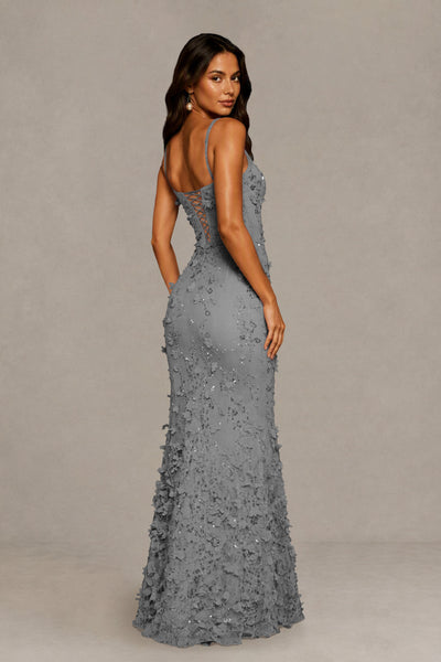 BOLODOO Gray Sequin 3D Floral Mermaid Maxi Gown – Lace-Up Back Formal Dress 