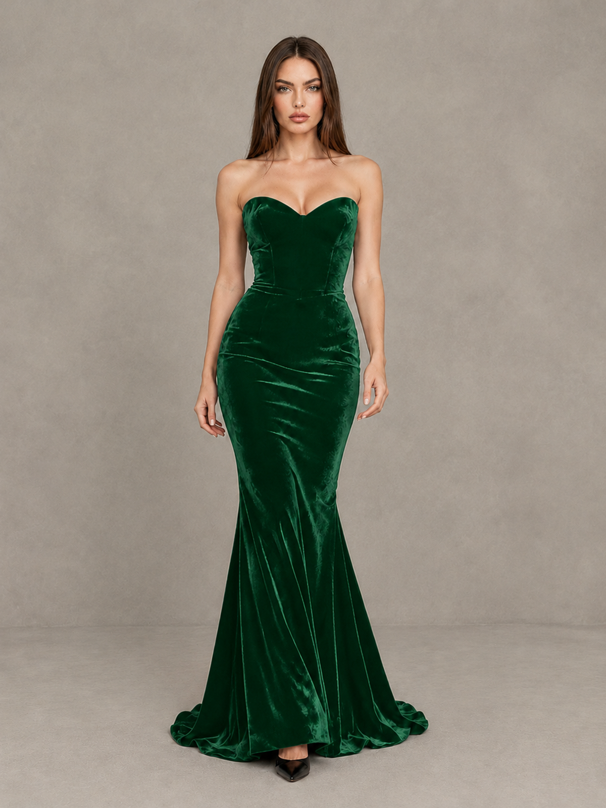 BOLODOO Green Strapless Sweetheart Velvet-Look Mermaid Evening Dress - Green - Green_1