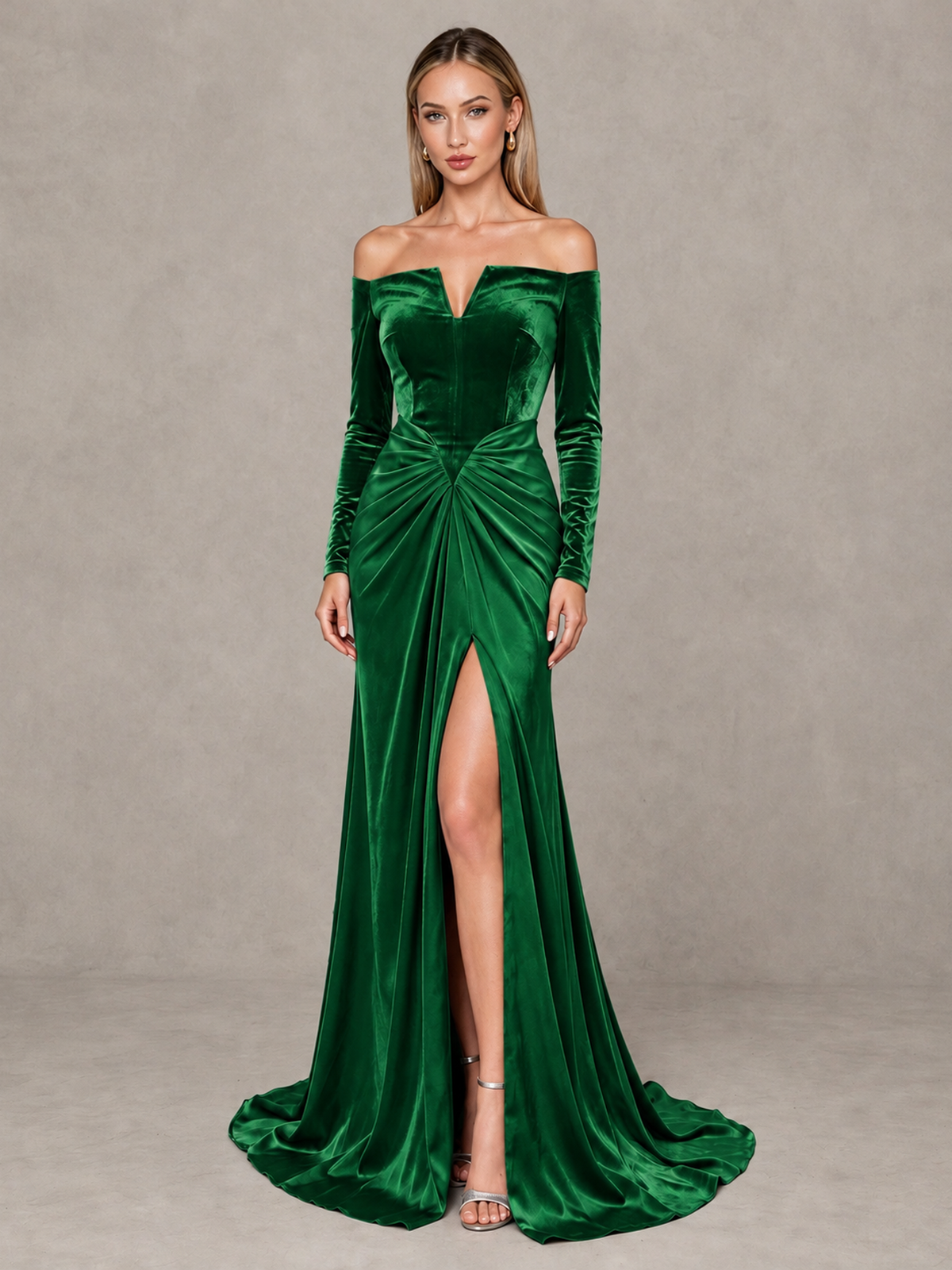 BOLODOO Green Off-Shoulder Velvet Evening Gown with High Slit - Green - Green_1