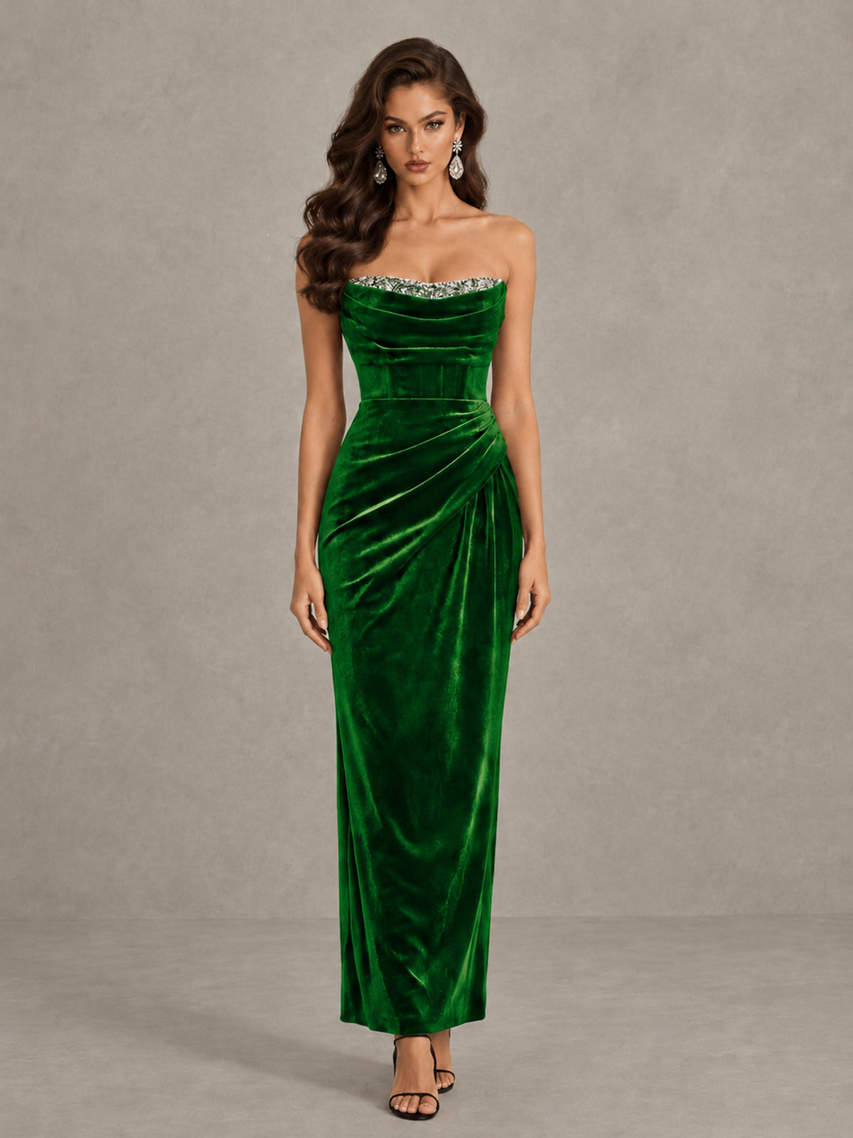 BOLODOO Green Strapless Velvet Cocktail Maxi Dress - Green - Green_1