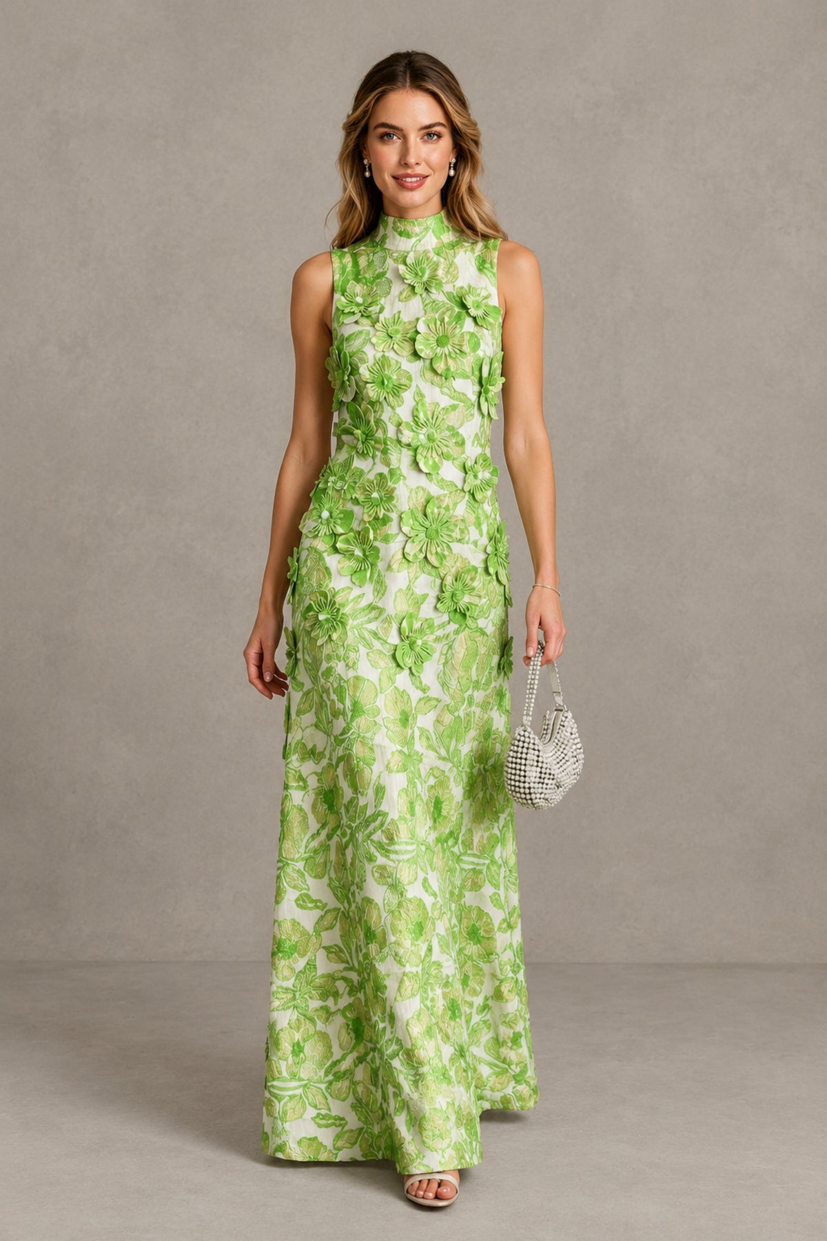 BOLODOO Green High Neck Sleeveless 3D Floral Evening Gown - Green