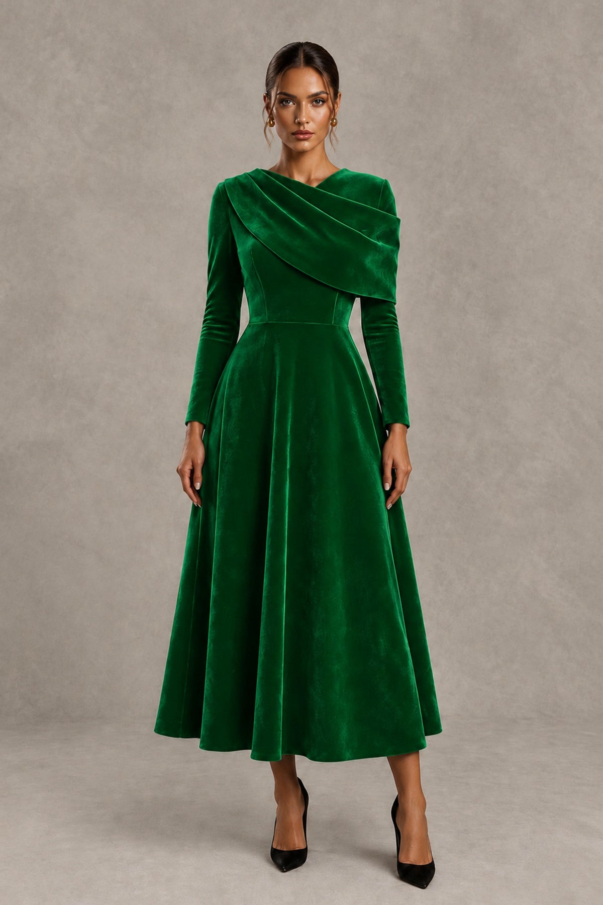 BOLODOO Green Velvet-Look Long Sleeve Tea-Length A-Line Dress with Draped Neckline - Green - Green_1