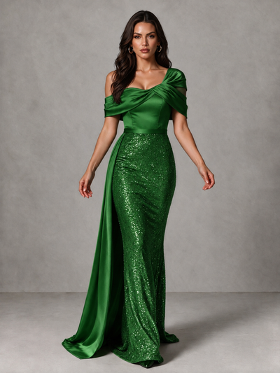 BOLODOO Green Sequin Mermaid Evening Dress with Off-Shoulder Satin Drape and Sweep Train - Green - Green_1