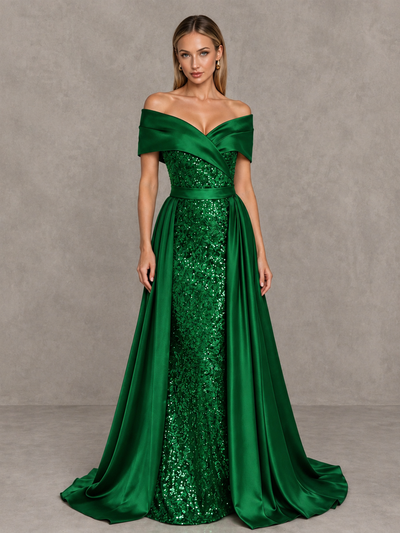 BOLODOO Green Sequin Mermaid Evening Dress with Detachable Satin Overskirt and Sweep Train - Green - Green_1