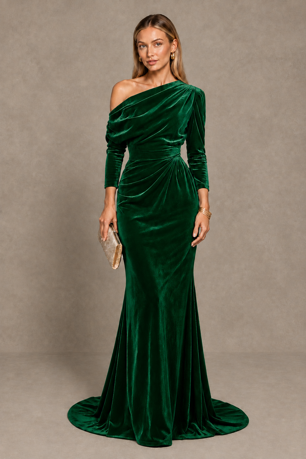 BOLODOO Green Velvet Asymmetric Neck Mermaid Evening Dress - Green - Green_1