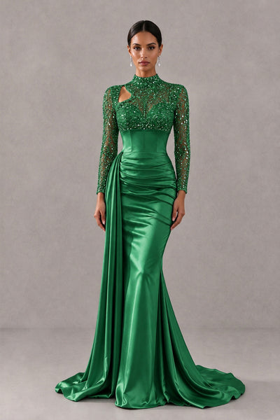 BOLODOO Green Long Sleeve Embellished Satin Mermaid Evening Gown - Green - Green_1
