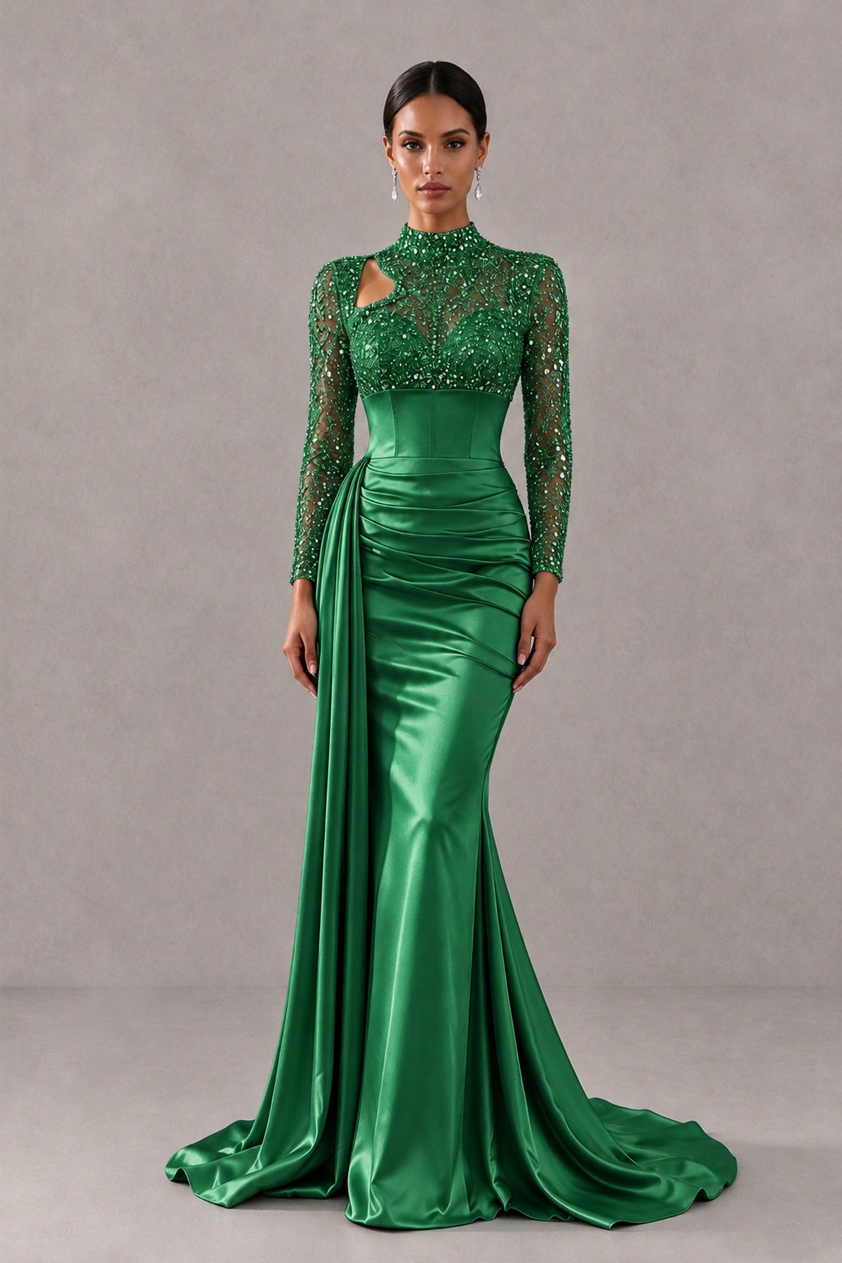 BOLODOO Green Long Sleeve Embellished Satin Mermaid Evening Gown - Green - Green_1