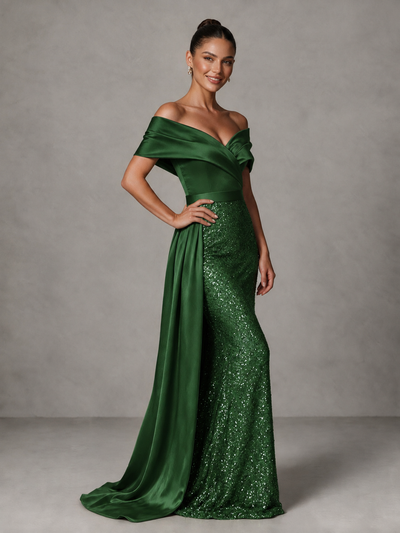 BOLODOO Green Sequin Mermaid Evening Dress with Off-Shoulder Satin Drape and Sweep Train - Green - Green_1