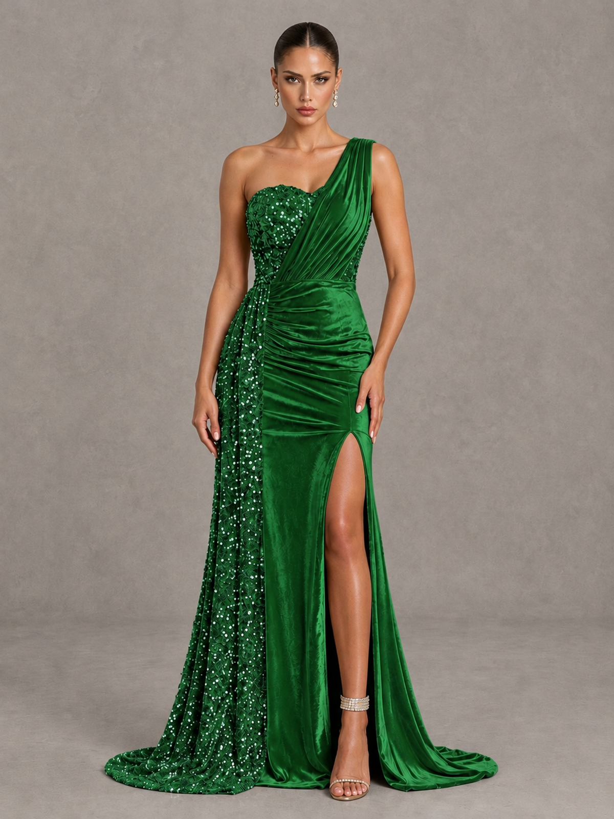 BOLODOO Green One-Shoulder Satin Sequin Gown with High Slit - Green - Green_1