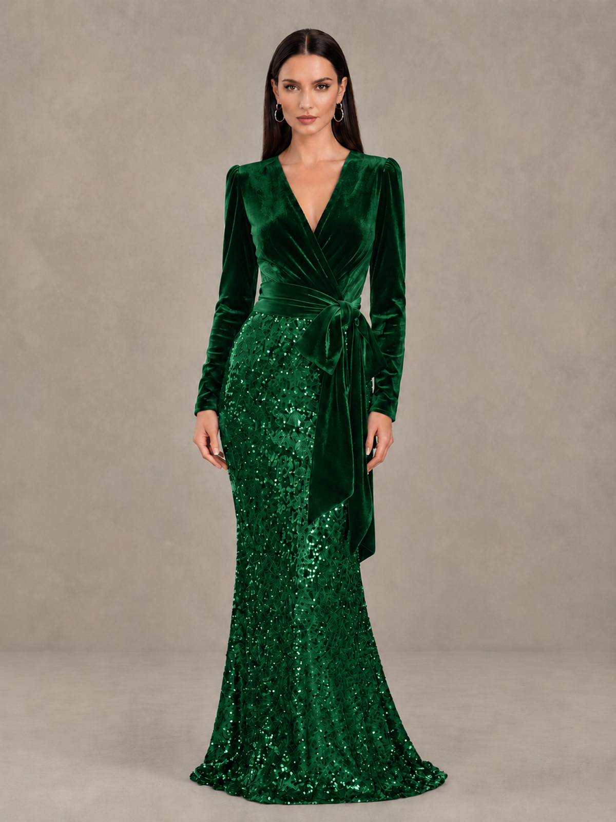 BOLODOO Green Velvet & Sequin Long Sleeve V-Neck Mermaid Evening Gown - Green - Green_1