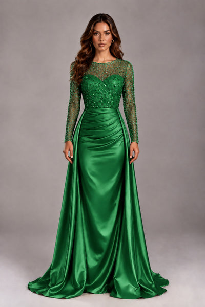 BOLODOO Green Long Sleeve Embellished Satin Evening Gown with Sweep Train - Green - Green_1