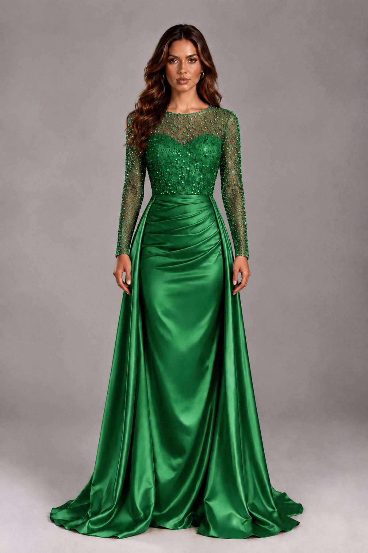 BOLODOO Green Long Sleeve Embellished Satin Evening Gown with Sweep Train - Green - Green_1