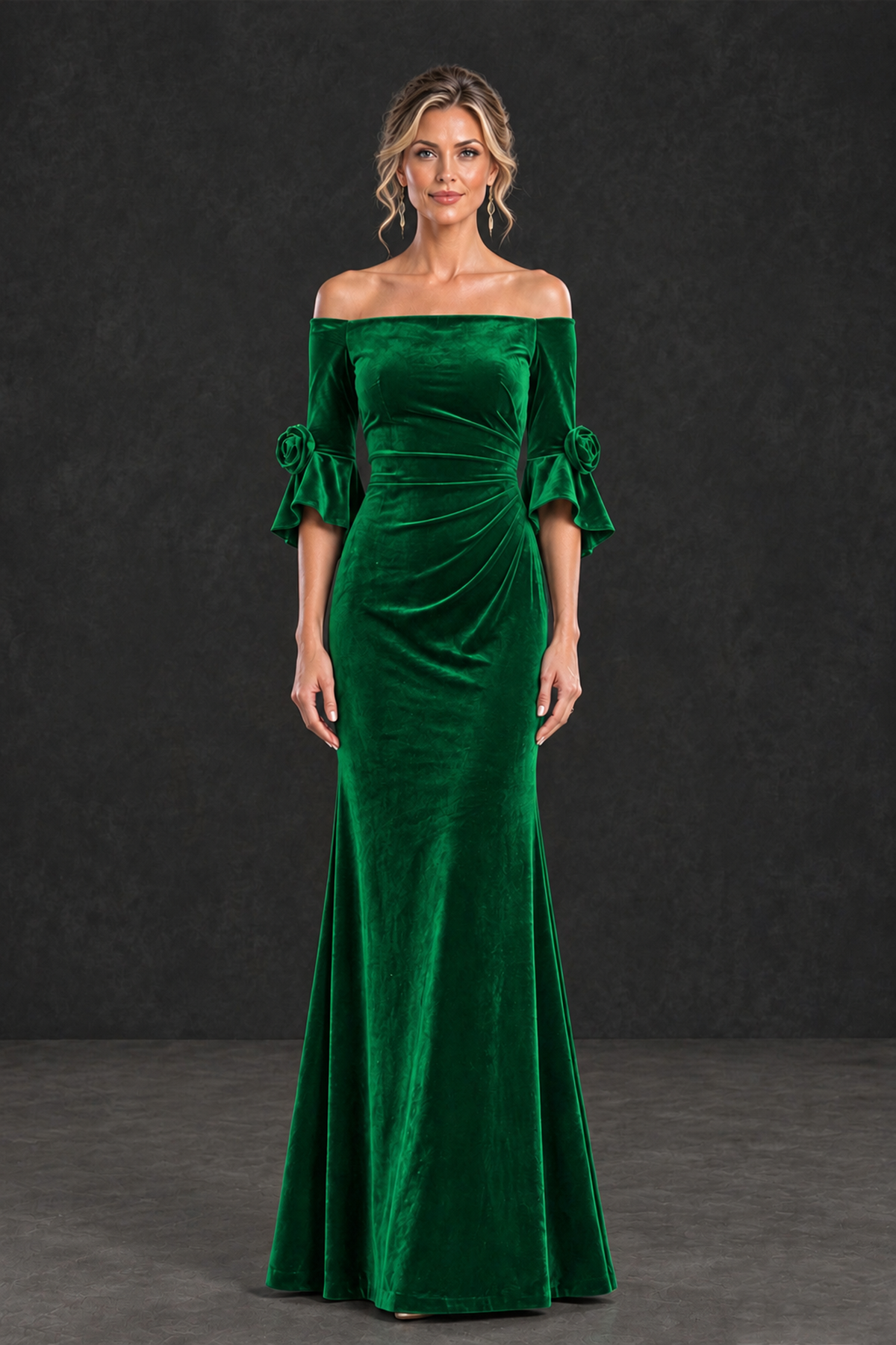 BOLODOO Green Velvet Off-Shoulder Mother of the Bride Dress – 3/4 Floral Cuff Sleeve Mermaid Evening Gown - Green - Green_1