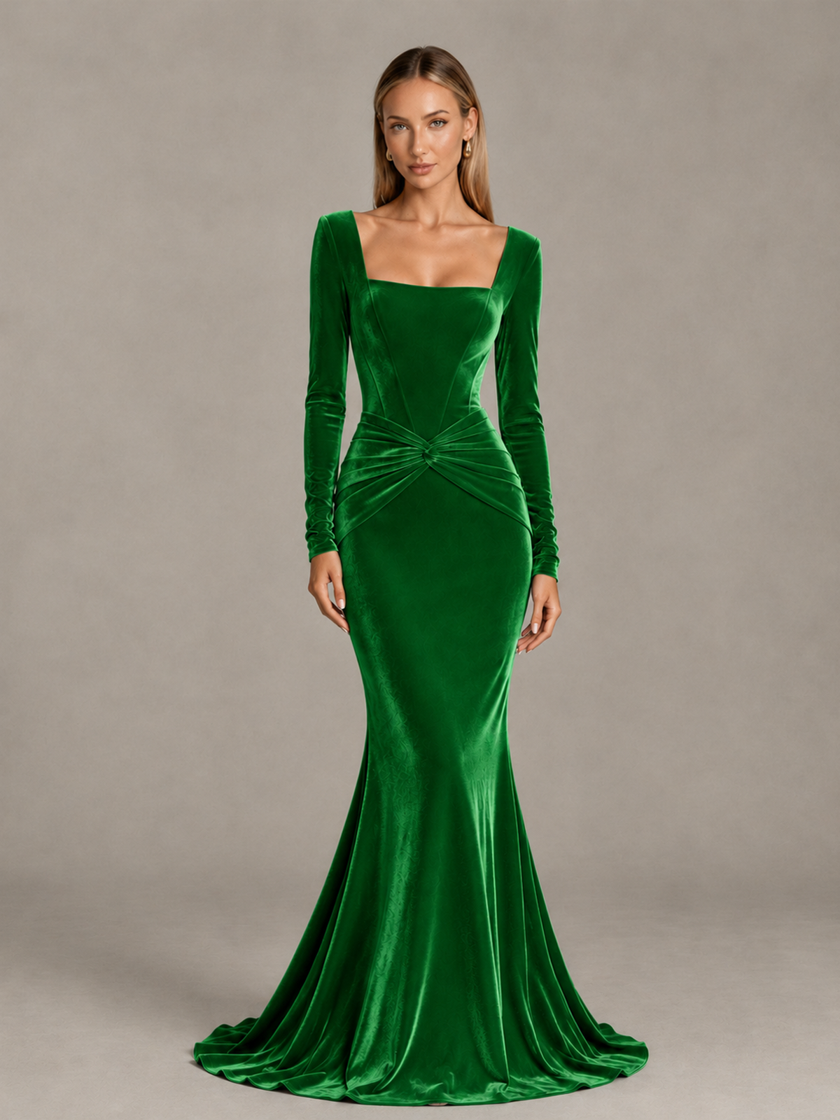 BOLODOO Green Velvet-Look Square Neck Long Sleeve Mermaid Evening Dress - Green - Green_1