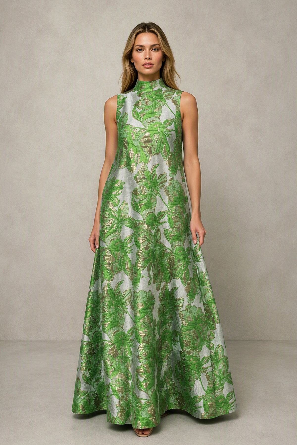 BOLODOO Green Jacquard High Neck Sleeveless A-Line Maxi Dress – Wedding Guest & Formal Evening Gown - Green