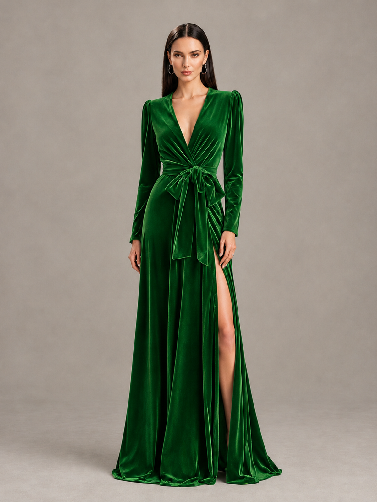 BOLODOO Green Long Sleeve Velvet-Look Evening Dress with High Slit - Green - Green_1