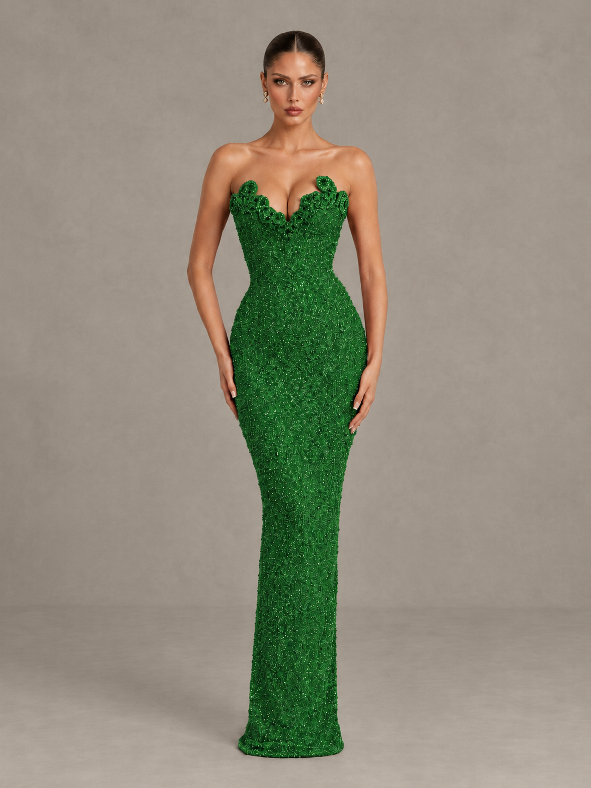BOLODOO Green Strapless Sequin Evening Gown with Floral Neckline - Green - Green_1