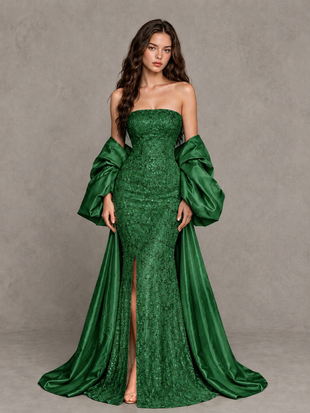 BOLODOO Green Strapless Sparkle Mermaid Prom Dress with Front Slit and Draped Sleeves - Green - Green_1
