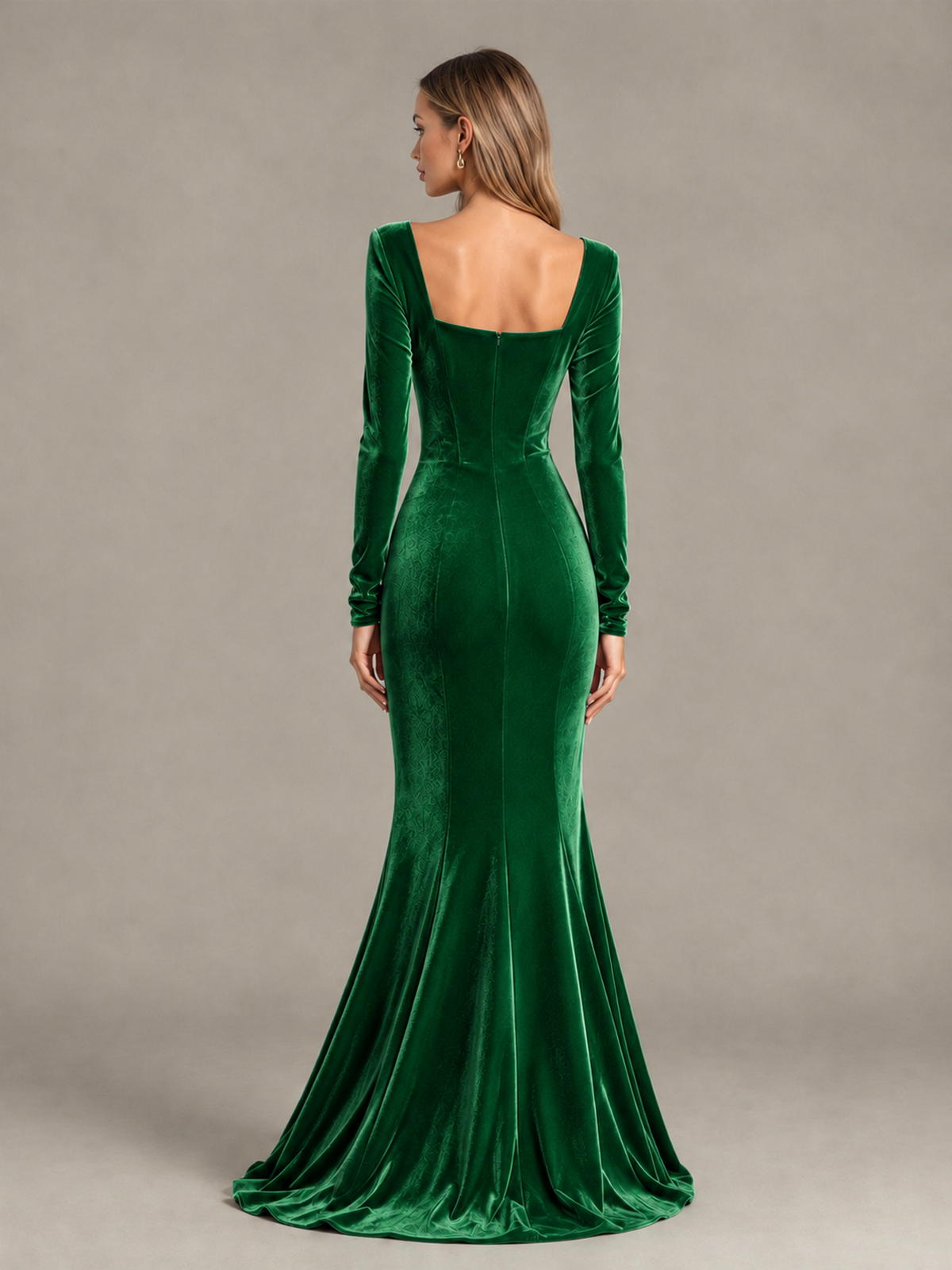 BOLODOO Green Velvet-Look Square Neck Long Sleeve Mermaid Evening Dress - Green - Green_2