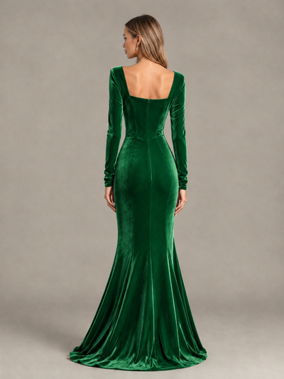 BOLODOO Green Velvet-Look Square Neck Long Sleeve Mermaid Evening Dress - Green - Green_2